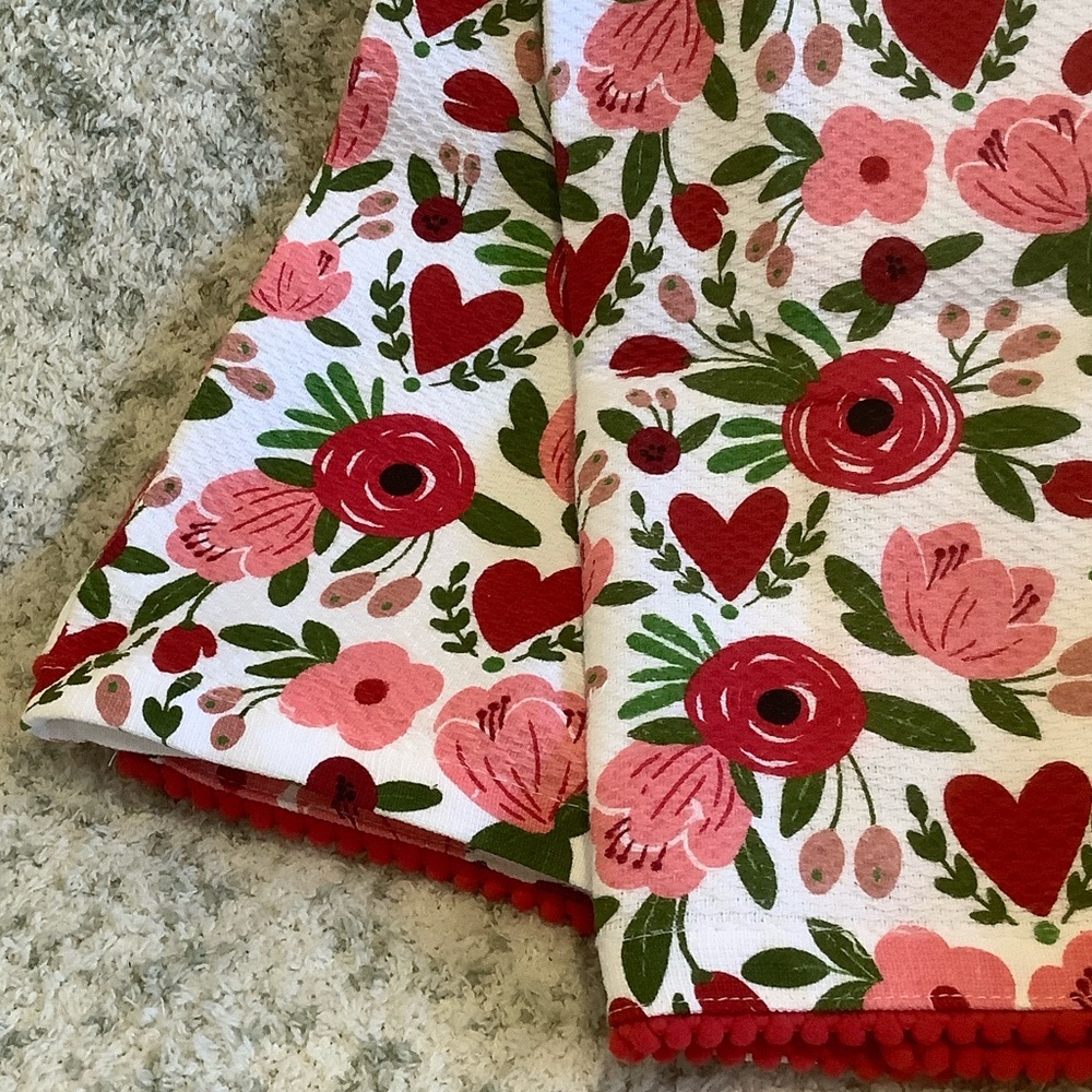 Valentine's Day Hearts Floral Colordrift Kitchen Towels NWT set of 2 cotton - Picture 5 of 16